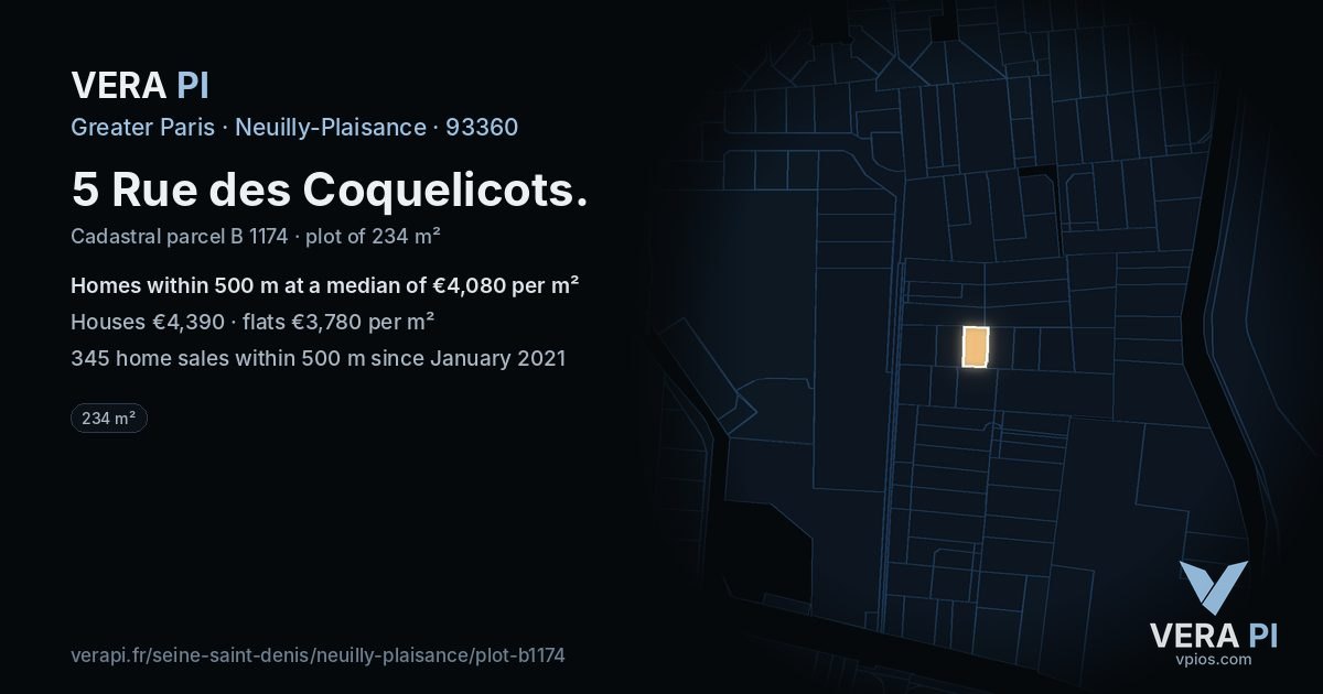 5 Rue des Coquelicots, Neuilly-Plaisance at night – the plot lit, the parcels around coloured by the prices near them