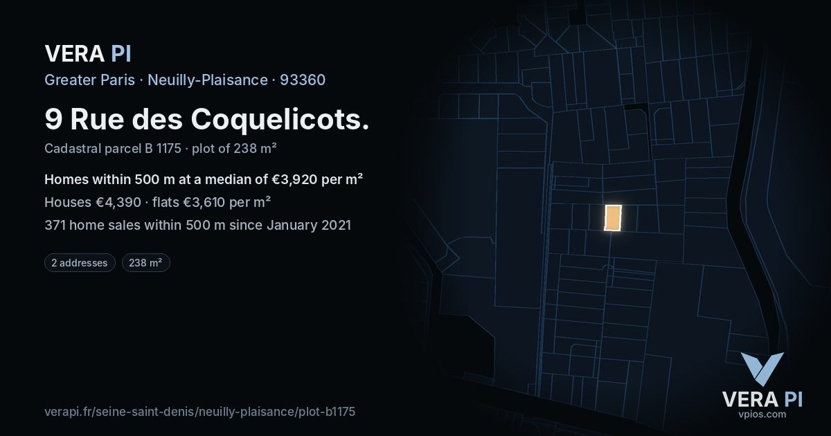 9 Rue des Coquelicots, Neuilly-Plaisance at night – the plot lit, the parcels around coloured by the prices near them