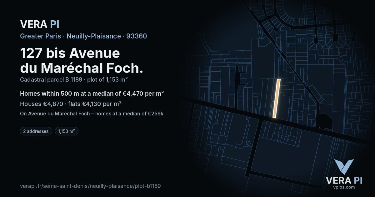 127 bis Avenue du Maréchal Foch, Neuilly-Plaisance at night – the plot lit, the parcels around coloured by the prices near them