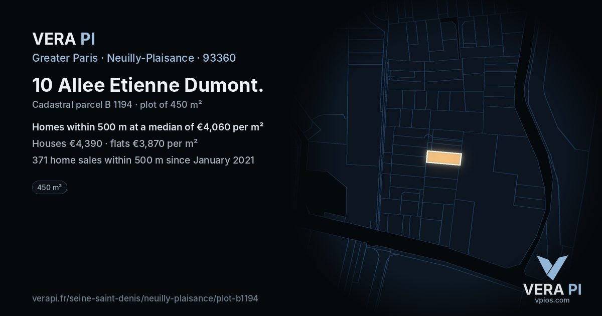 10 Allee Etienne Dumont, Neuilly-Plaisance at night – the plot lit, the parcels around coloured by the prices near them