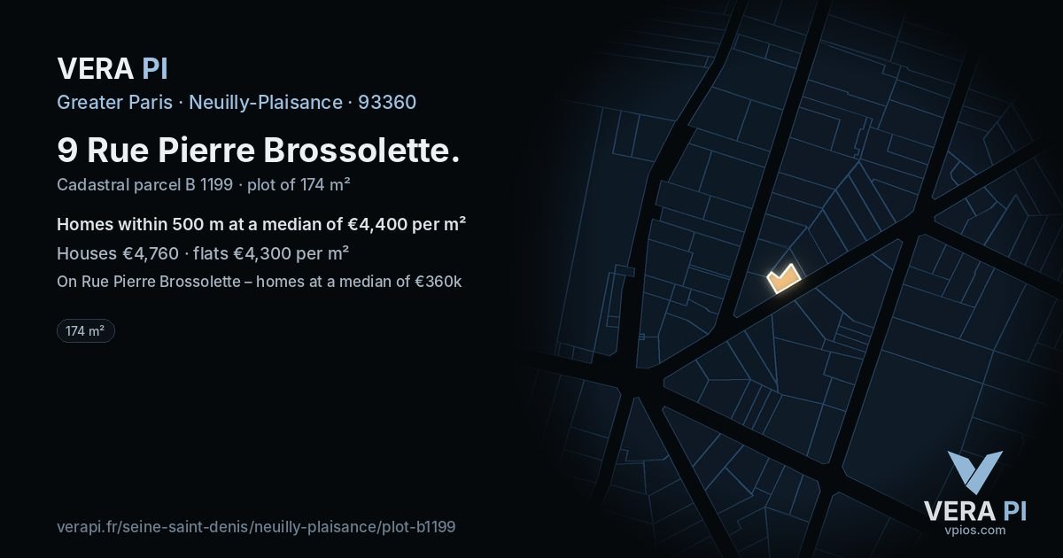 9 Rue Pierre Brossolette, Neuilly-Plaisance at night – the plot lit, the parcels around coloured by the prices near them