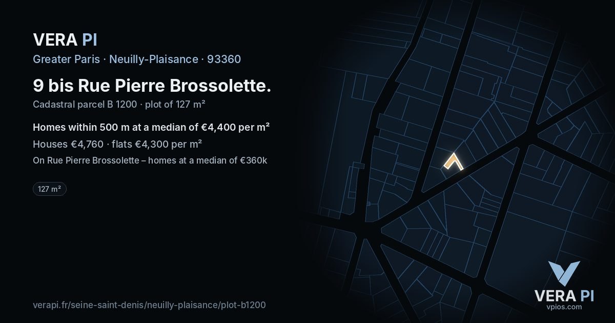 9 bis Rue Pierre Brossolette, Neuilly-Plaisance at night – the plot lit, the parcels around coloured by the prices near them