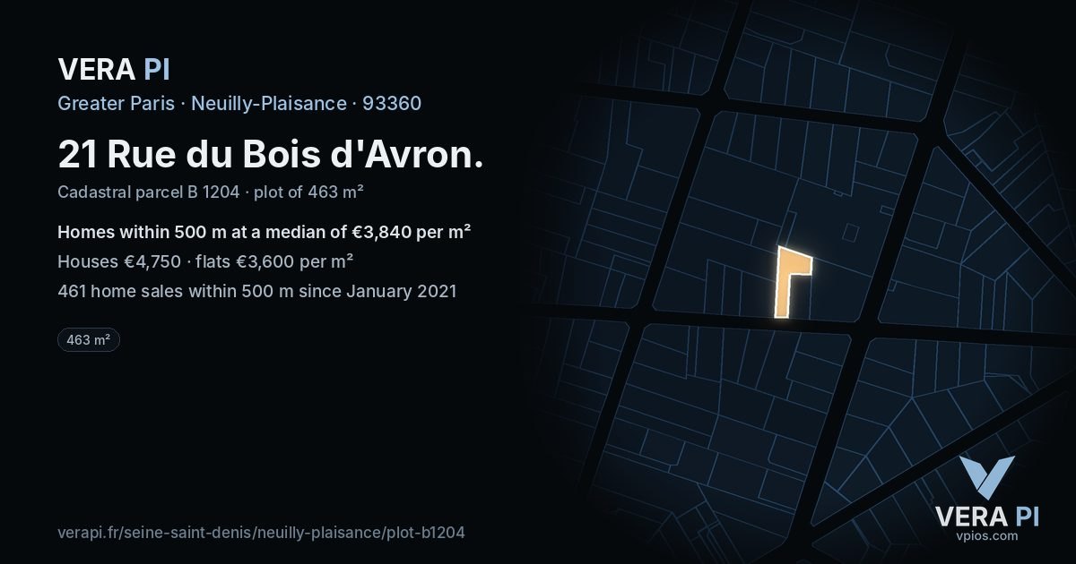 21 Rue du Bois d'Avron, Neuilly-Plaisance at night – the plot lit, the parcels around coloured by the prices near them