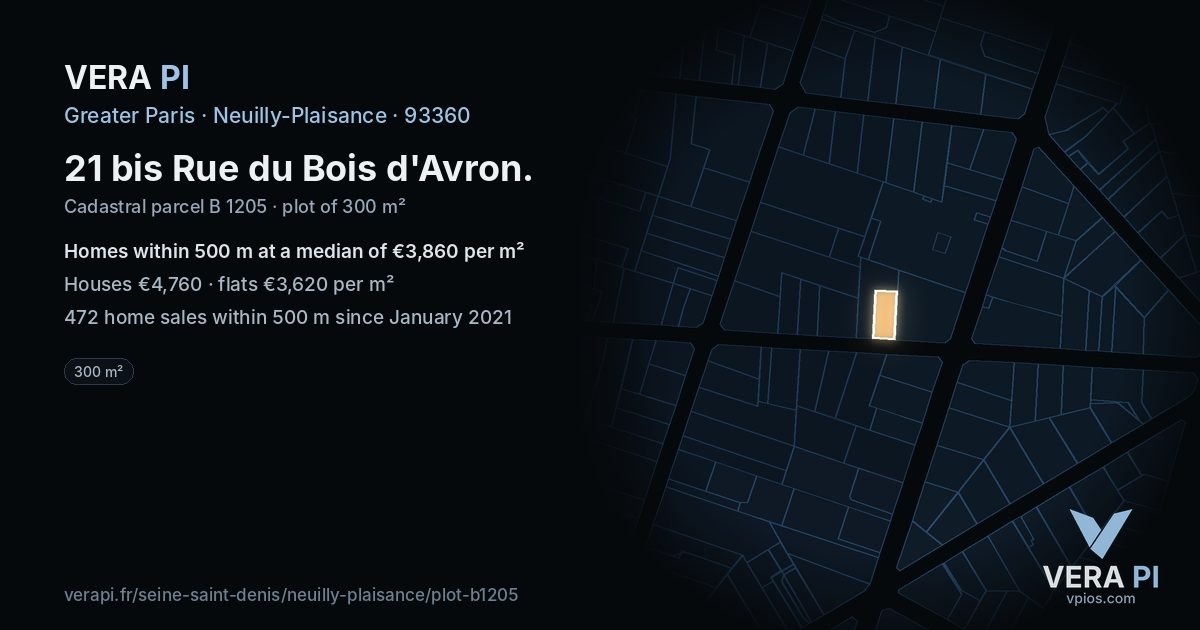21 bis Rue du Bois d'Avron, Neuilly-Plaisance at night – the plot lit, the parcels around coloured by the prices near them