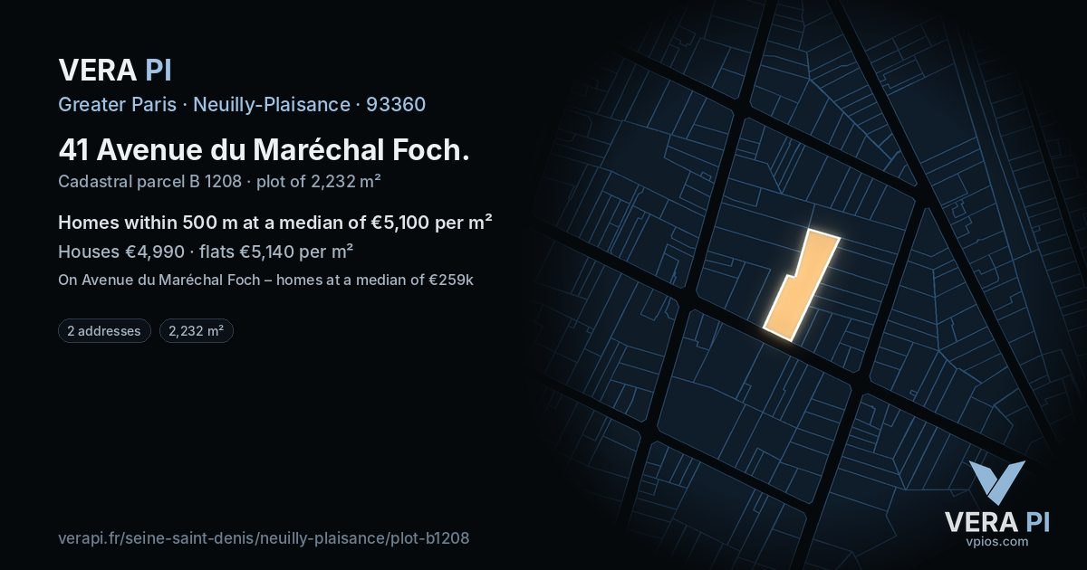 41 Avenue du Maréchal Foch, Neuilly-Plaisance at night – the plot lit, the parcels around coloured by the prices near them