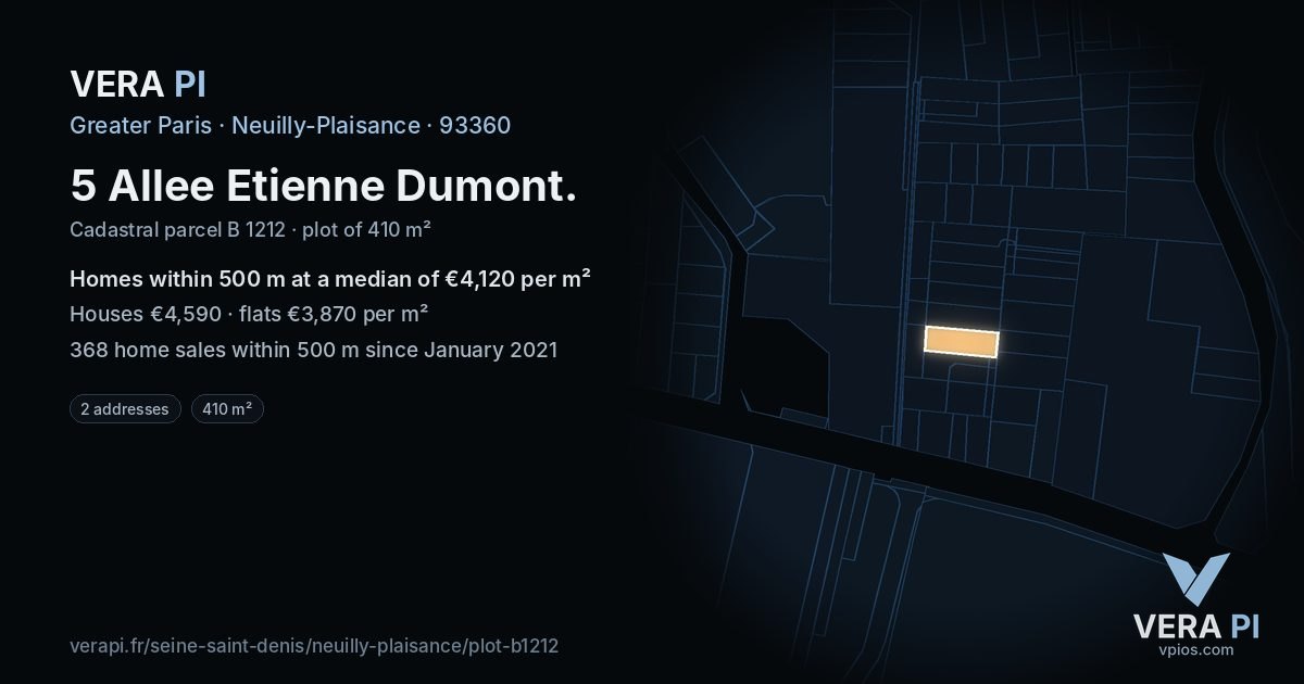 5 Allee Etienne Dumont, Neuilly-Plaisance at night – the plot lit, the parcels around coloured by the prices near them