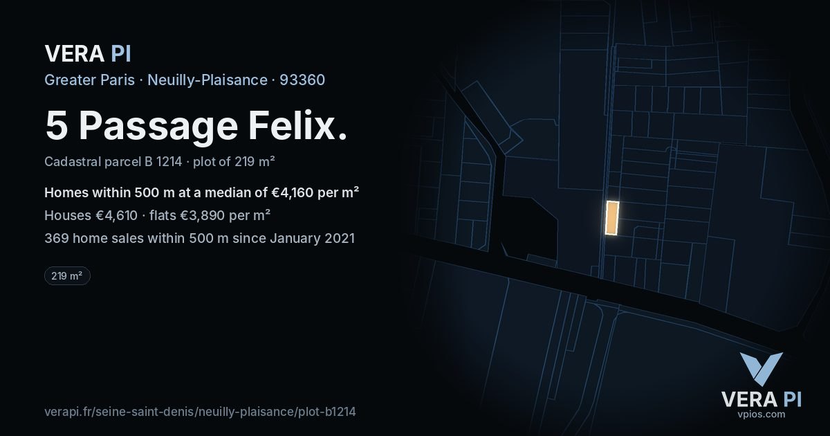 5 Passage Felix, Neuilly-Plaisance at night – the plot lit, the parcels around coloured by the prices near them
