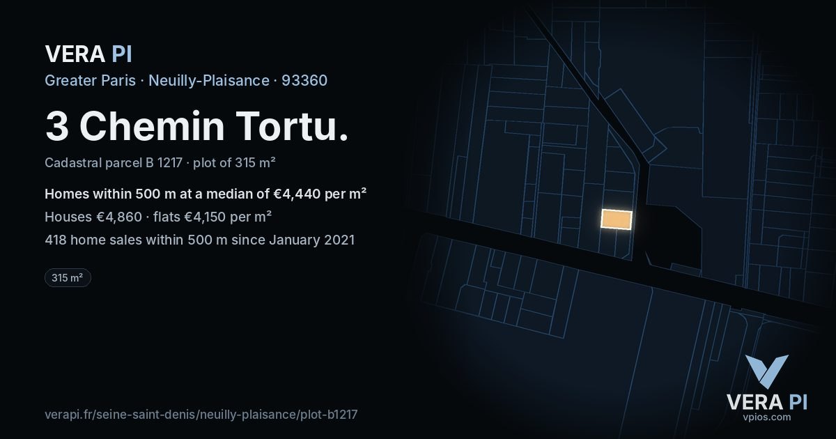 3 Chemin Tortu, Neuilly-Plaisance at night – the plot lit, the parcels around coloured by the prices near them