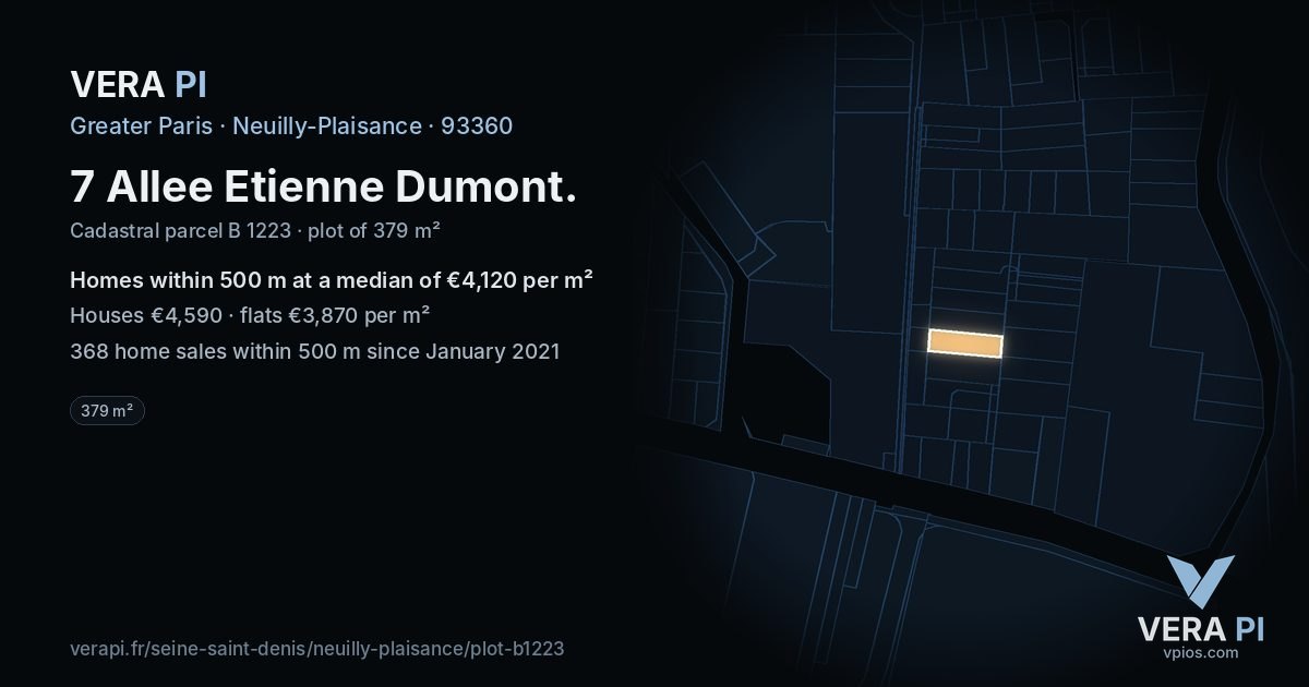 7 Allee Etienne Dumont, Neuilly-Plaisance at night – the plot lit, the parcels around coloured by the prices near them
