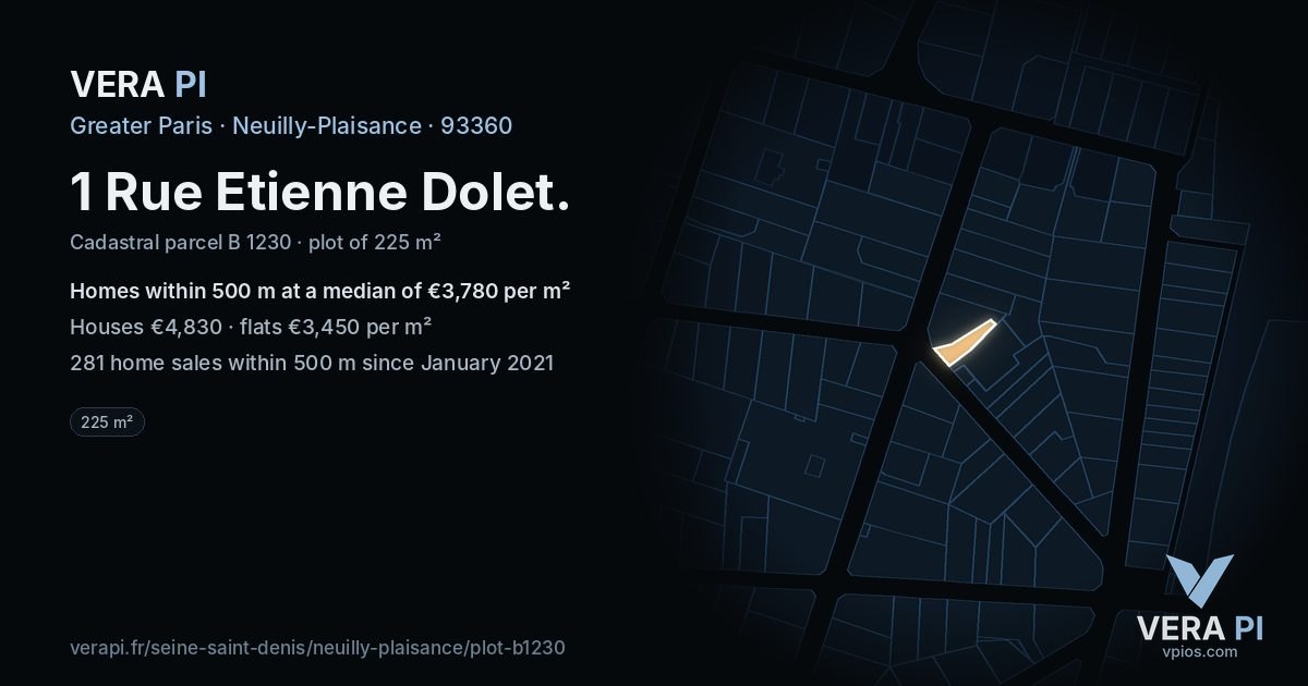 1 Rue Etienne Dolet, Neuilly-Plaisance at night – the plot lit, the parcels around coloured by the prices near them