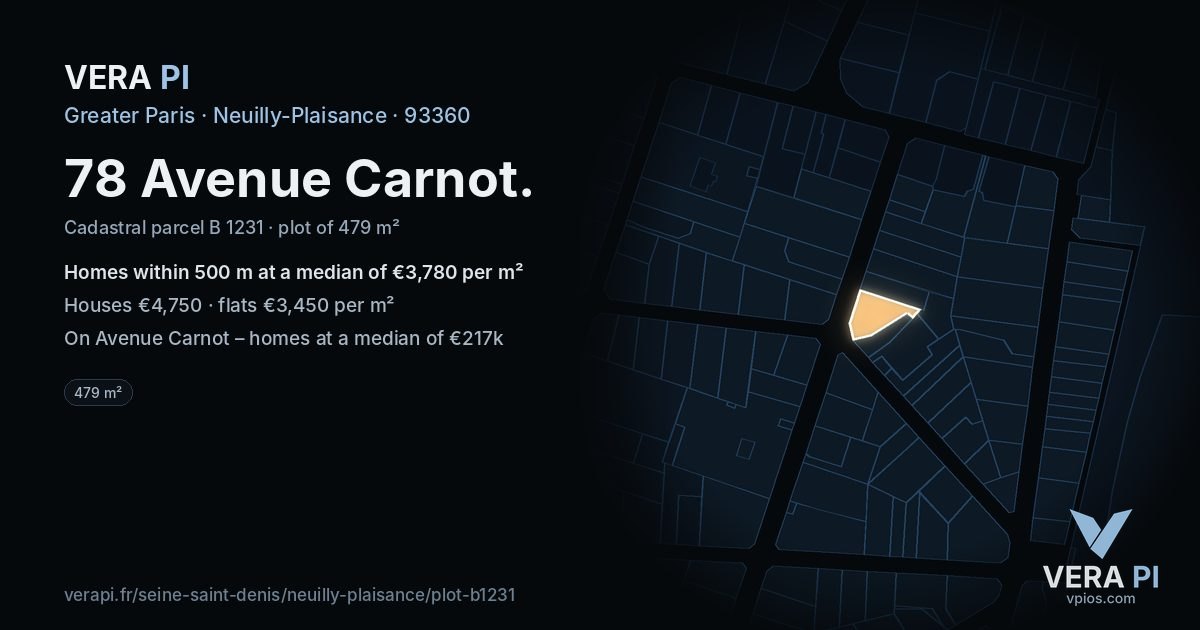 78 Avenue Carnot, Neuilly-Plaisance at night – the plot lit, the parcels around coloured by the prices near them