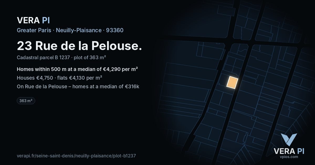 23 Rue de la Pelouse, Neuilly-Plaisance at night – the plot lit, the parcels around coloured by the prices near them