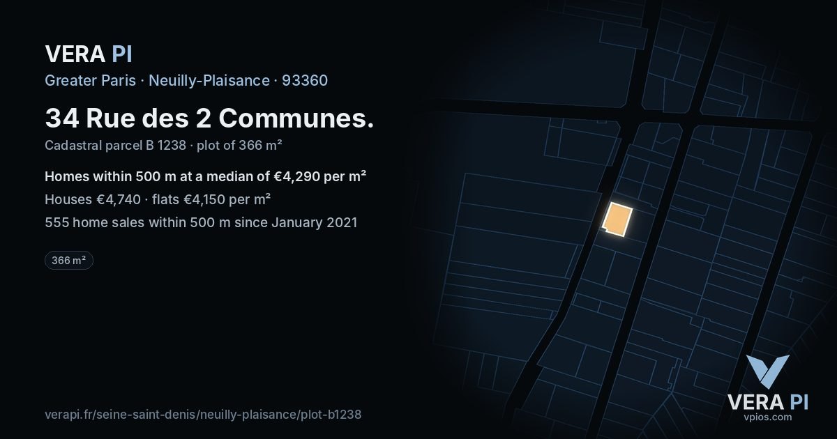 34 Rue des 2 Communes, Neuilly-Plaisance at night – the plot lit, the parcels around coloured by the prices near them