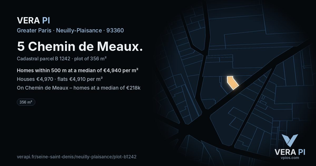 5 Chemin de Meaux, Neuilly-Plaisance at night – the plot lit, the parcels around coloured by the prices near them
