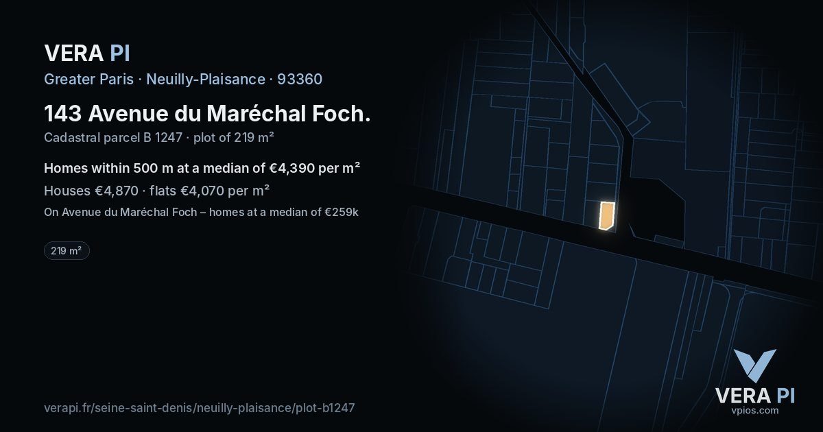 143 Avenue du Maréchal Foch, Neuilly-Plaisance at night – the plot lit, the parcels around coloured by the prices near them