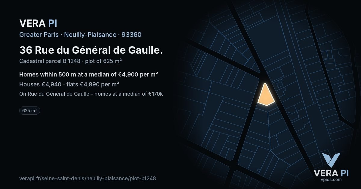 36 Rue du Général de Gaulle, Neuilly-Plaisance at night – the plot lit, the parcels around coloured by the prices near them