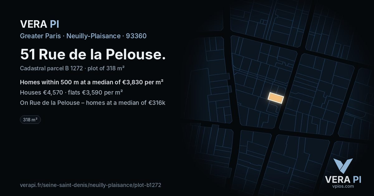 51 Rue de la Pelouse, Neuilly-Plaisance at night – the plot lit, the parcels around coloured by the prices near them