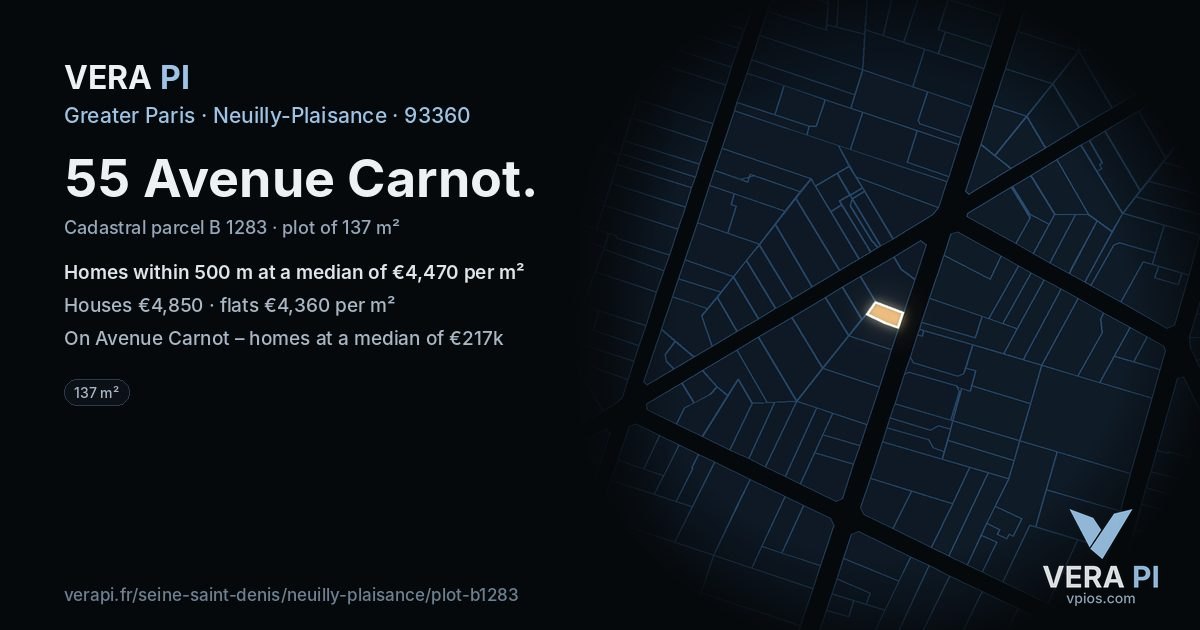 55 Avenue Carnot, Neuilly-Plaisance at night – the plot lit, the parcels around coloured by the prices near them
