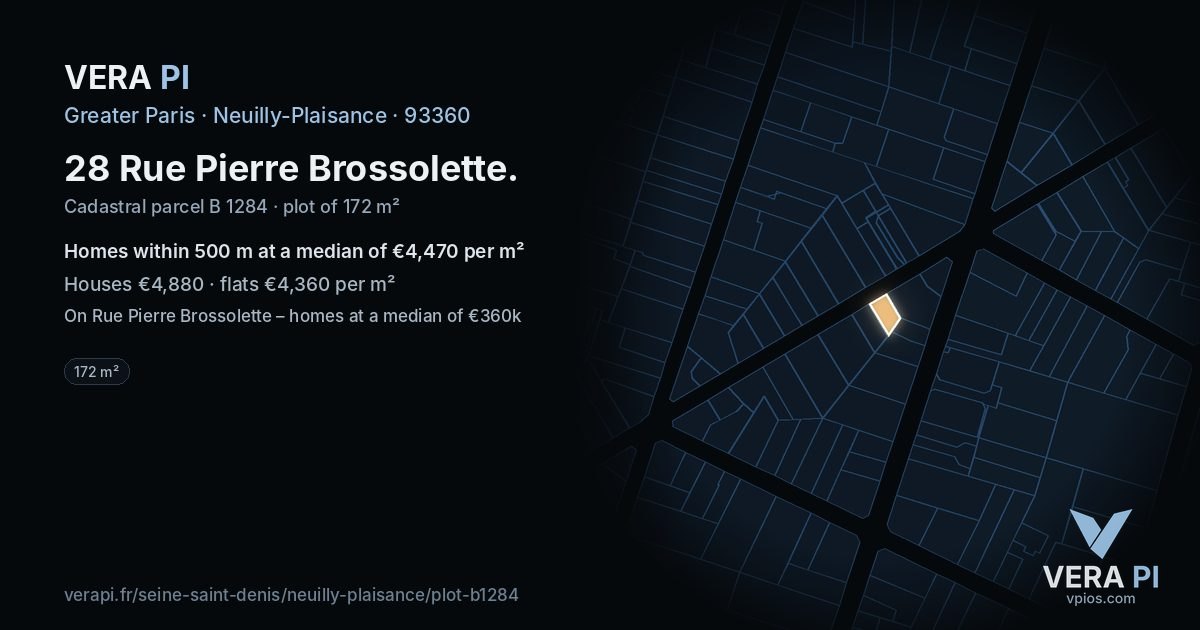 28 Rue Pierre Brossolette, Neuilly-Plaisance at night – the plot lit, the parcels around coloured by the prices near them
