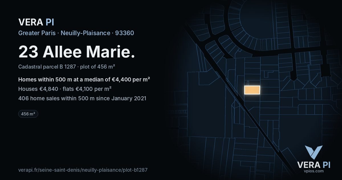 23 Allee Marie, Neuilly-Plaisance at night – the plot lit, the parcels around coloured by the prices near them