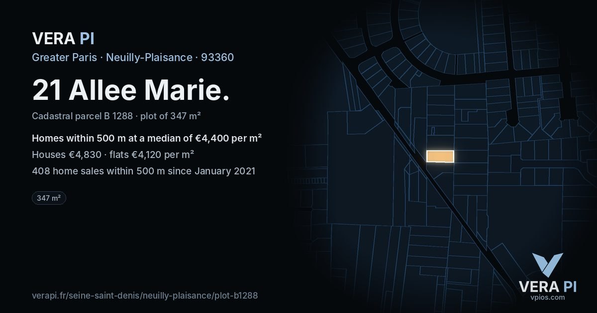 21 Allee Marie, Neuilly-Plaisance at night – the plot lit, the parcels around coloured by the prices near them