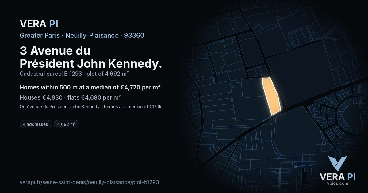 3 Avenue du Président John Kennedy, Neuilly-Plaisance at night – the plot lit, the parcels around coloured by the prices near them