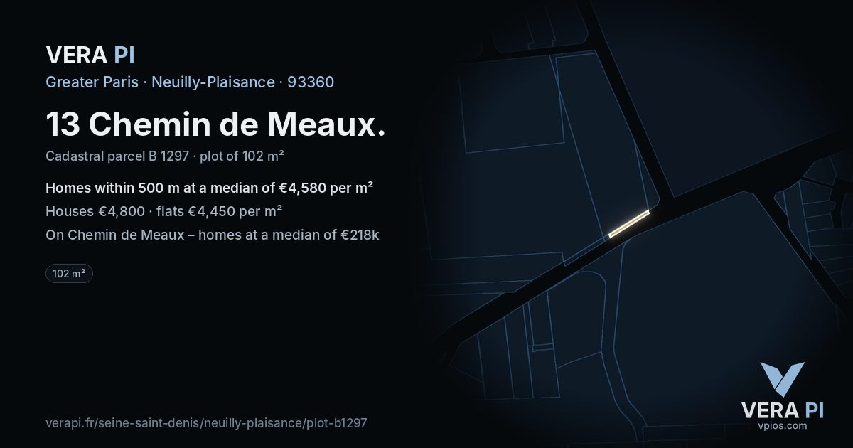 13 Chemin de Meaux, Neuilly-Plaisance at night – the plot lit, the parcels around coloured by the prices near them