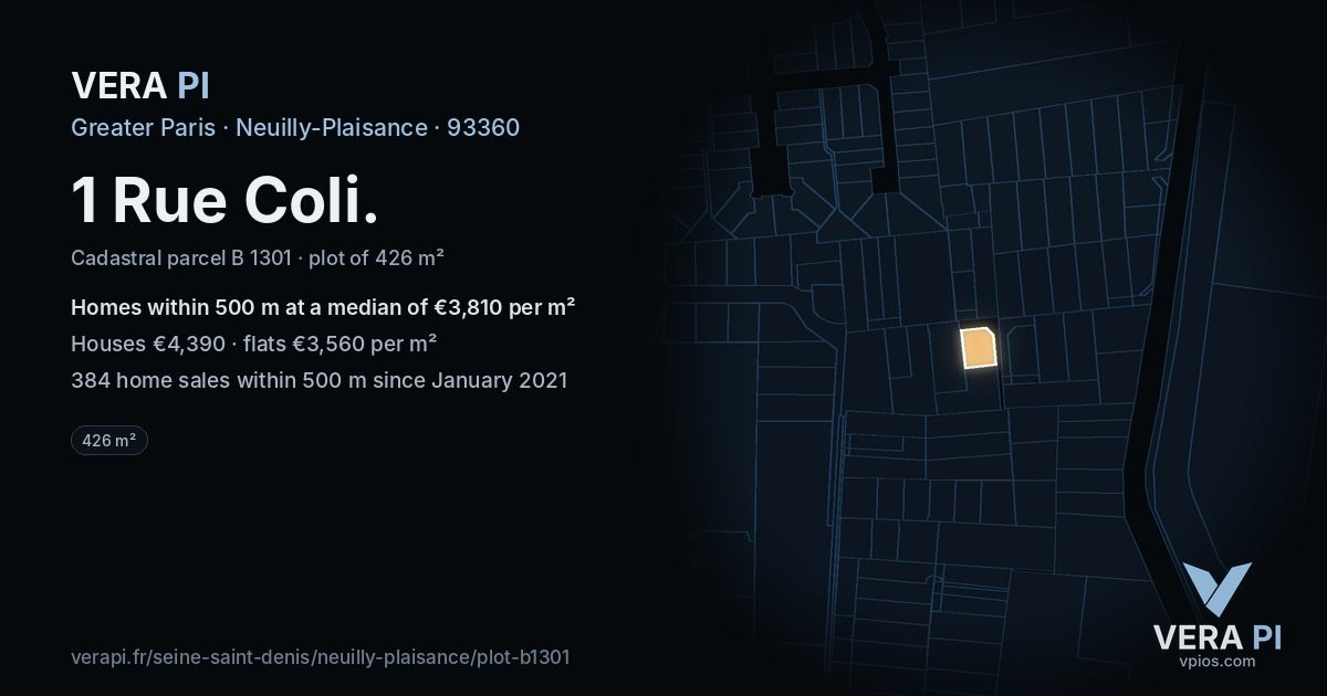 1 Rue Coli, Neuilly-Plaisance at night – the plot lit, the parcels around coloured by the prices near them