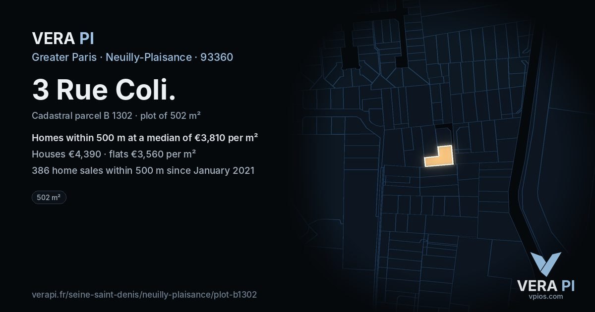 3 Rue Coli, Neuilly-Plaisance at night – the plot lit, the parcels around coloured by the prices near them