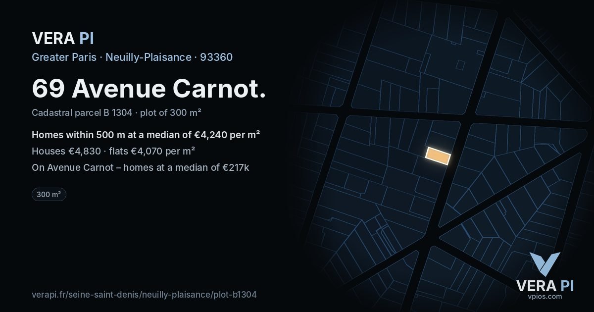 69 Avenue Carnot, Neuilly-Plaisance at night – the plot lit, the parcels around coloured by the prices near them