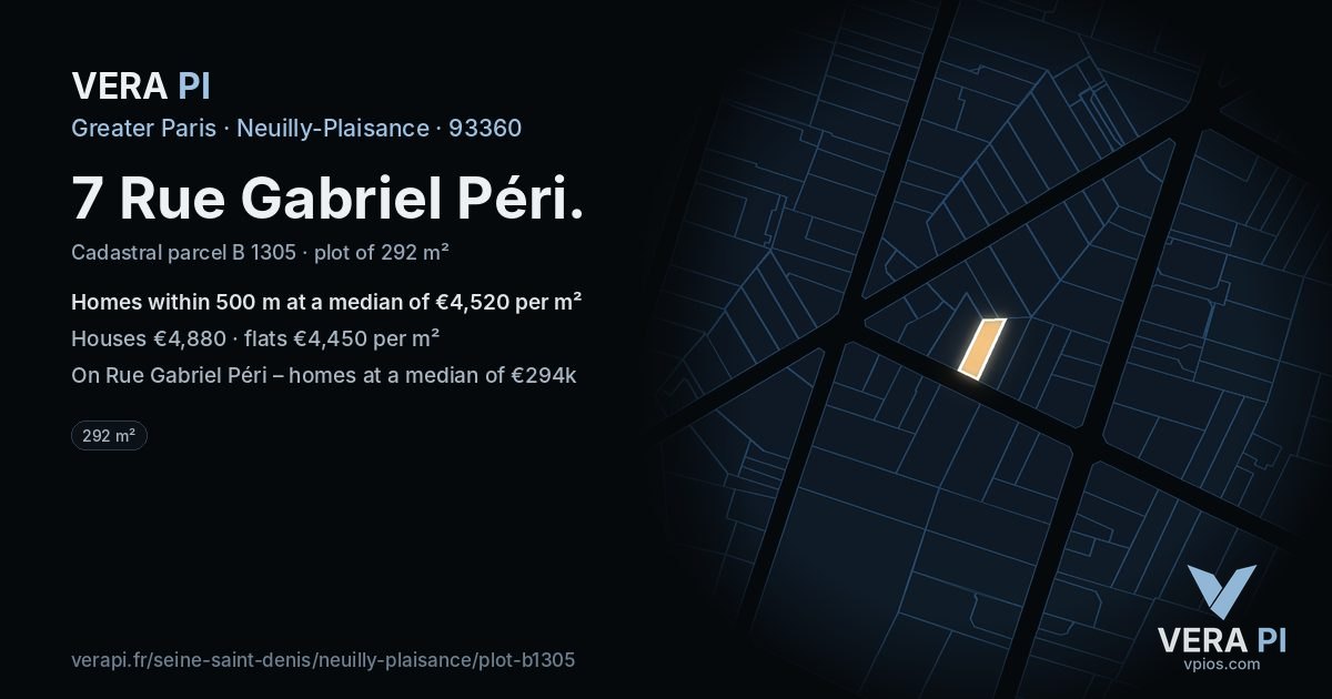 7 Rue Gabriel Péri, Neuilly-Plaisance at night – the plot lit, the parcels around coloured by the prices near them
