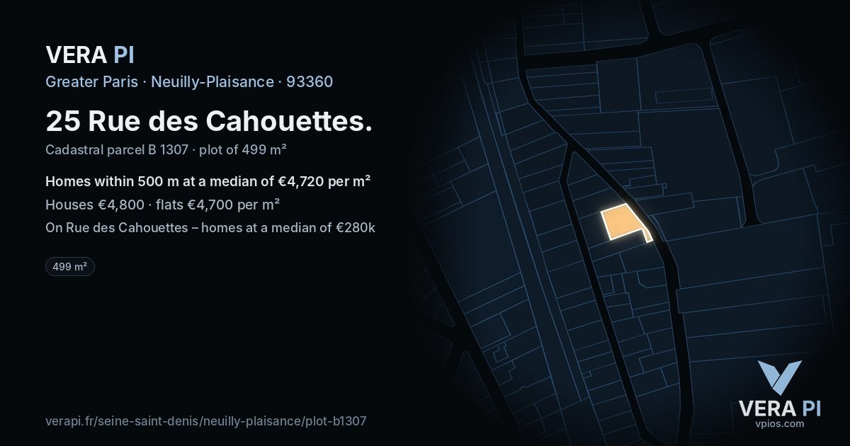 25 Rue des Cahouettes, Neuilly-Plaisance at night – the plot lit, the parcels around coloured by the prices near them