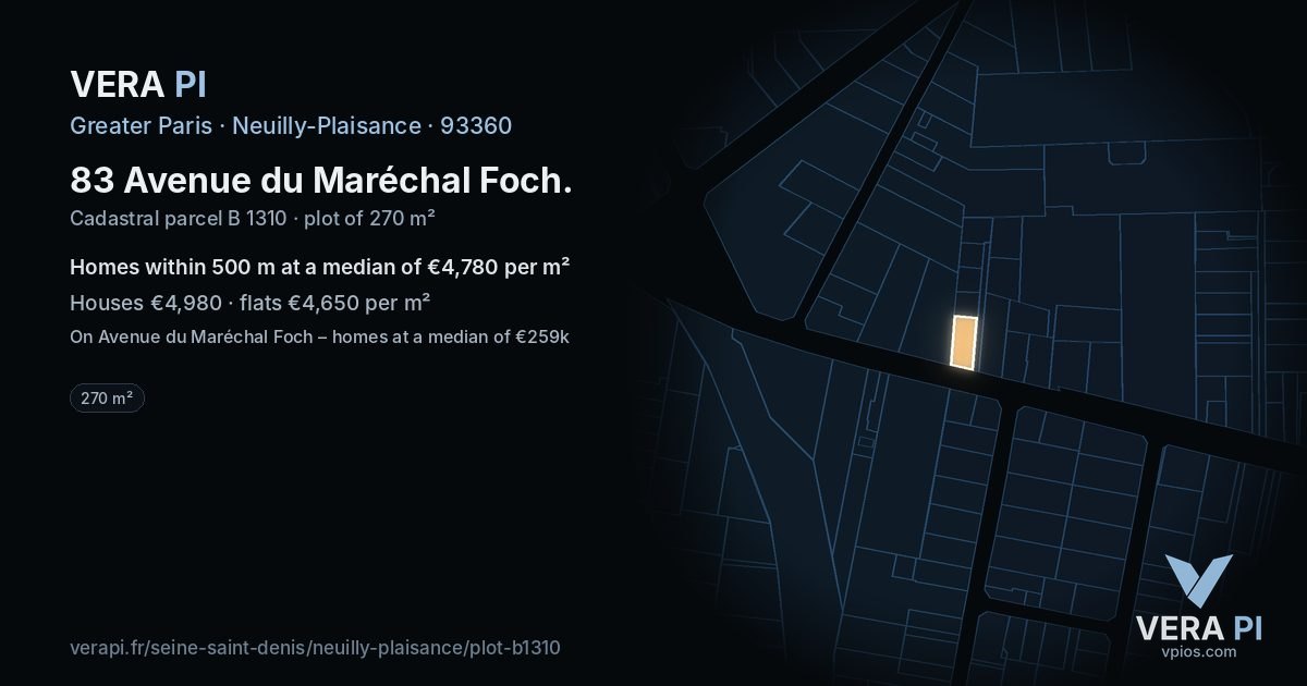83 Avenue du Maréchal Foch, Neuilly-Plaisance at night – the plot lit, the parcels around coloured by the prices near them