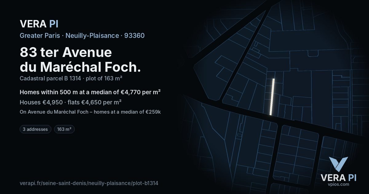 83 ter Avenue du Maréchal Foch, Neuilly-Plaisance at night – the plot lit, the parcels around coloured by the prices near them