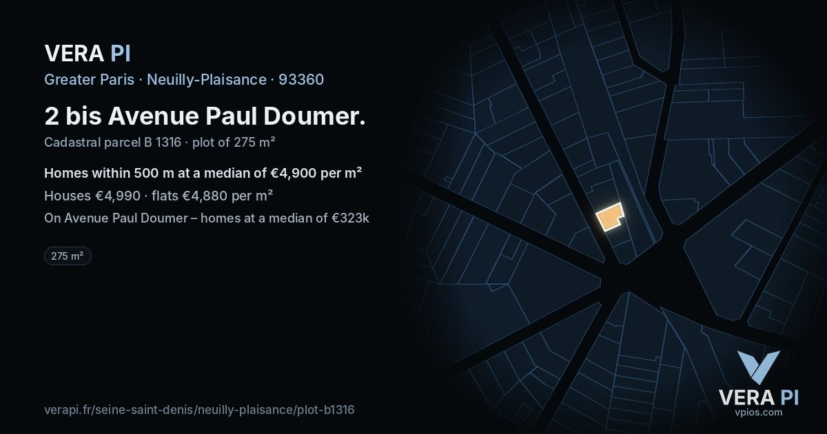 2 bis Avenue Paul Doumer, Neuilly-Plaisance at night – the plot lit, the parcels around coloured by the prices near them