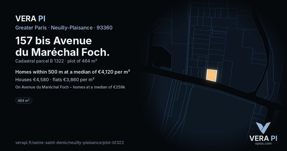 157 bis Avenue du Maréchal Foch, Neuilly-Plaisance at night – the plot lit, the parcels around coloured by the prices near them