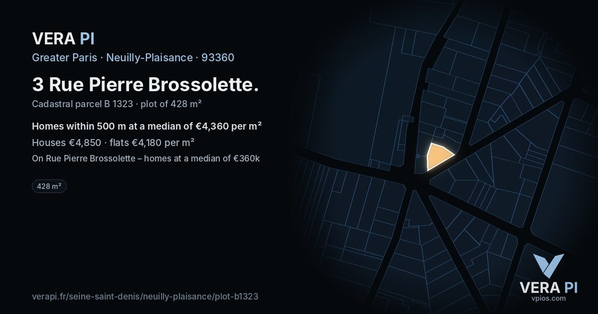 3 Rue Pierre Brossolette, Neuilly-Plaisance at night – the plot lit, the parcels around coloured by the prices near them