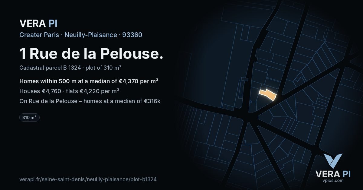1 Rue de la Pelouse, Neuilly-Plaisance at night – the plot lit, the parcels around coloured by the prices near them