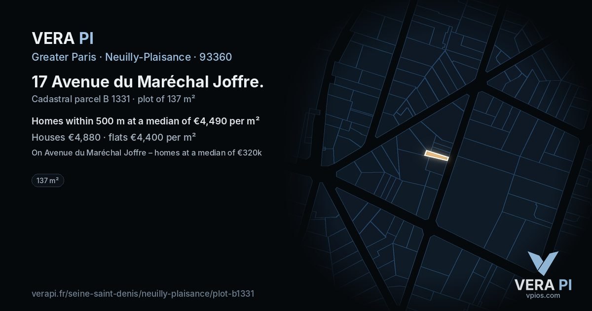 17 Avenue du Maréchal Joffre, Neuilly-Plaisance at night – the plot lit, the parcels around coloured by the prices near them