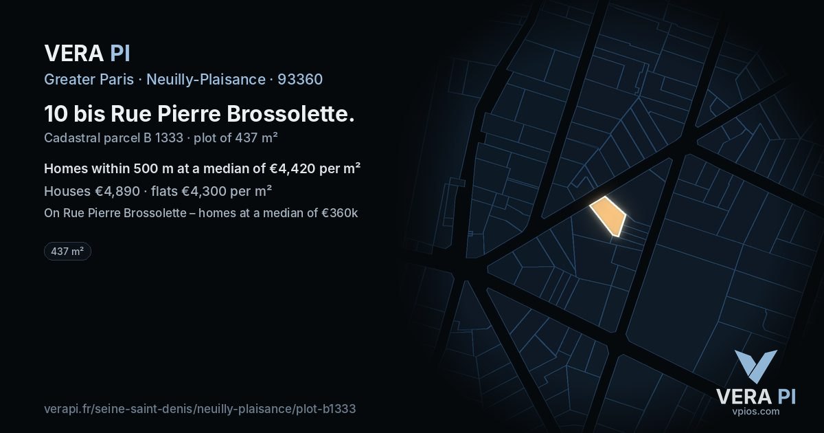 10 bis Rue Pierre Brossolette, Neuilly-Plaisance at night – the plot lit, the parcels around coloured by the prices near them