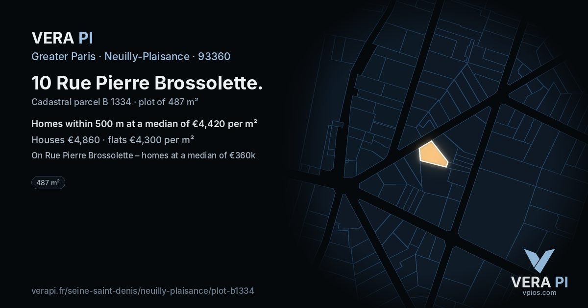 10 Rue Pierre Brossolette, Neuilly-Plaisance at night – the plot lit, the parcels around coloured by the prices near them