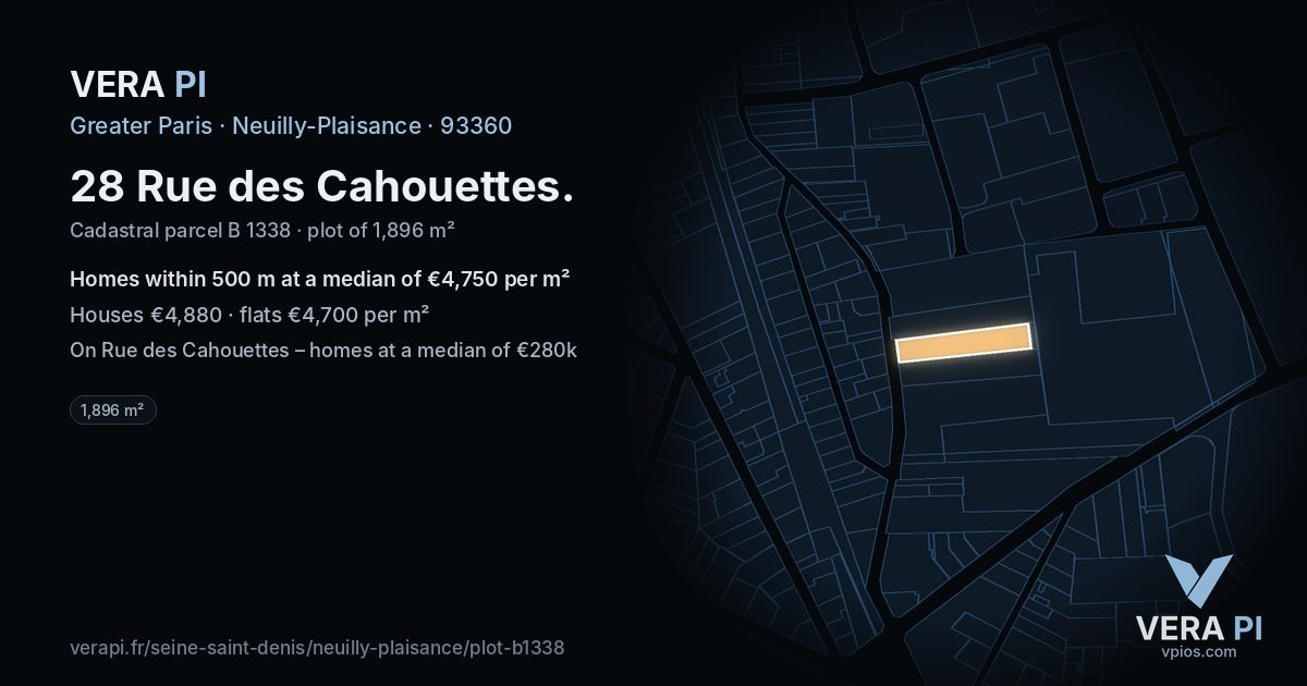 28 Rue des Cahouettes, Neuilly-Plaisance at night – the plot lit, the parcels around coloured by the prices near them