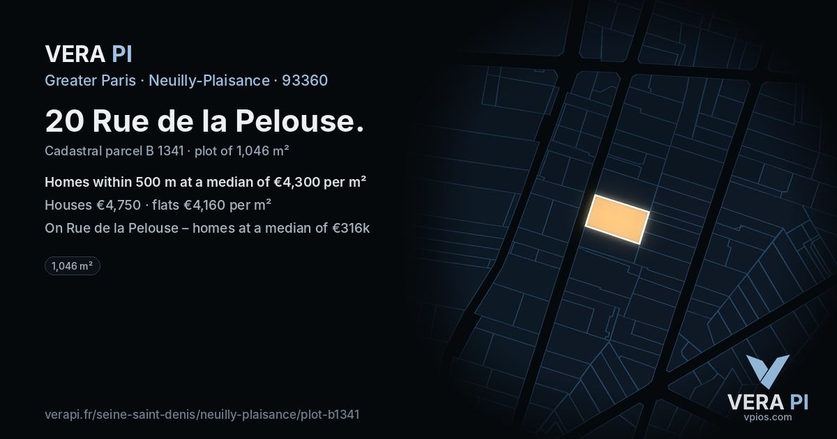 20 Rue de la Pelouse, Neuilly-Plaisance at night – the plot lit, the parcels around coloured by the prices near them