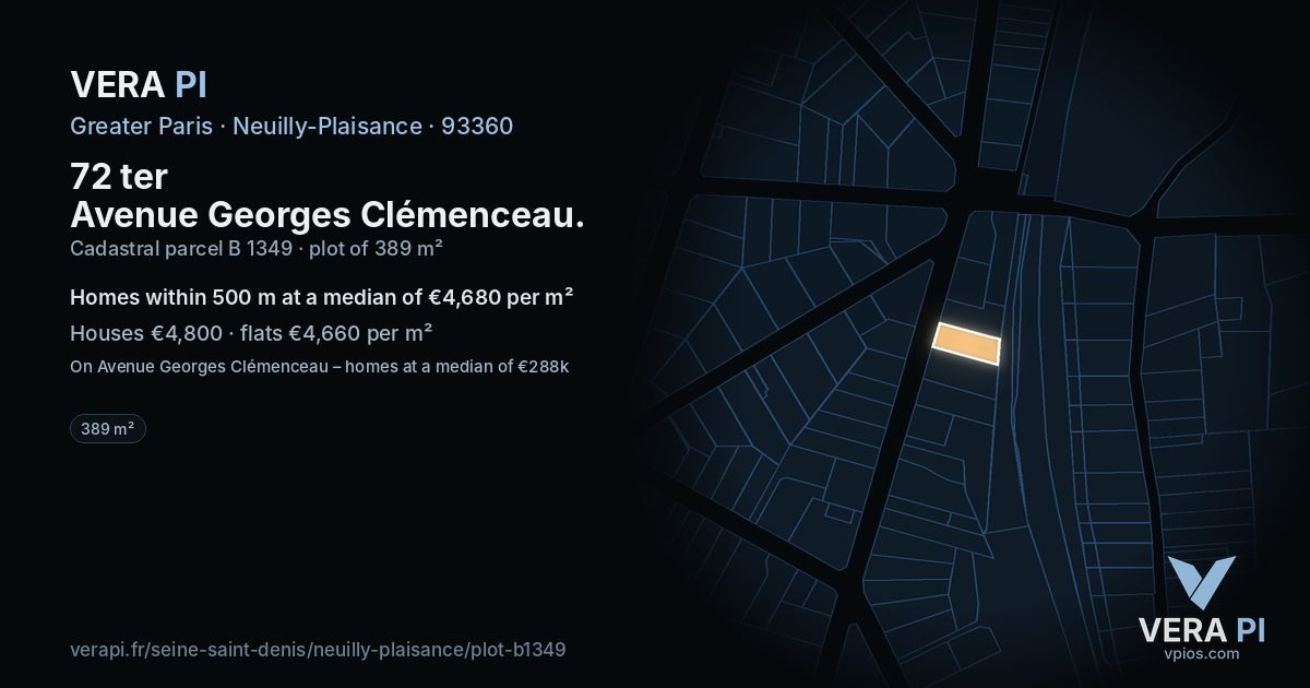 72 ter Avenue Georges Clémenceau, Neuilly-Plaisance at night – the plot lit, the parcels around coloured by the prices near them