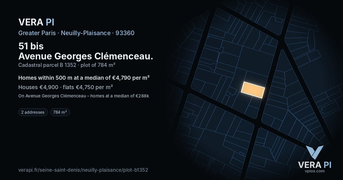 51 bis Avenue Georges Clémenceau, Neuilly-Plaisance at night – the plot lit, the parcels around coloured by the prices near them