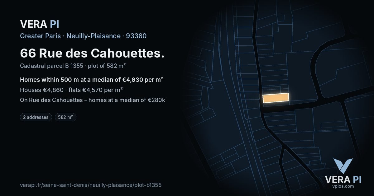 66 Rue des Cahouettes, Neuilly-Plaisance at night – the plot lit, the parcels around coloured by the prices near them