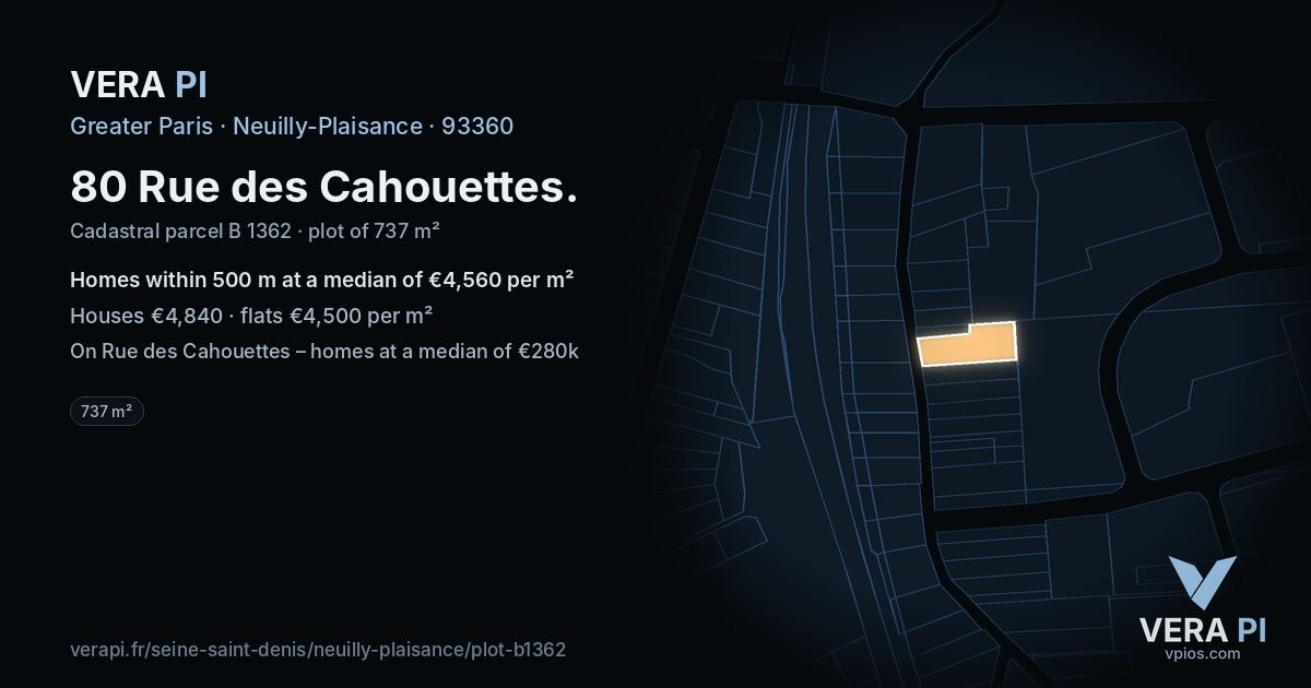 80 Rue des Cahouettes, Neuilly-Plaisance at night – the plot lit, the parcels around coloured by the prices near them