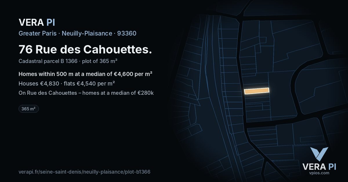 76 Rue des Cahouettes, Neuilly-Plaisance at night – the plot lit, the parcels around coloured by the prices near them