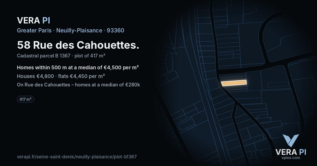 58 Rue des Cahouettes, Neuilly-Plaisance at night – the plot lit, the parcels around coloured by the prices near them