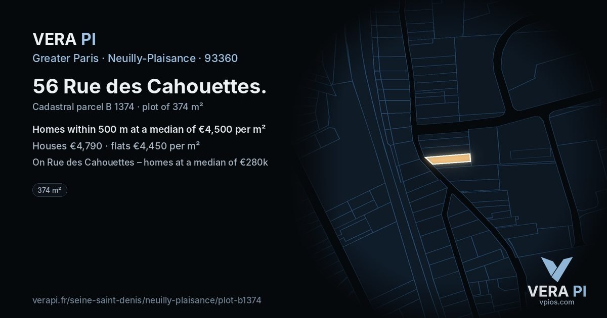 56 Rue des Cahouettes, Neuilly-Plaisance at night – the plot lit, the parcels around coloured by the prices near them